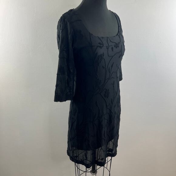 VTG Johnny Was Black Lace Shift Dress Scoop Neck Floral 3/4 Sleeve Size Small S - Picture 5 of 9